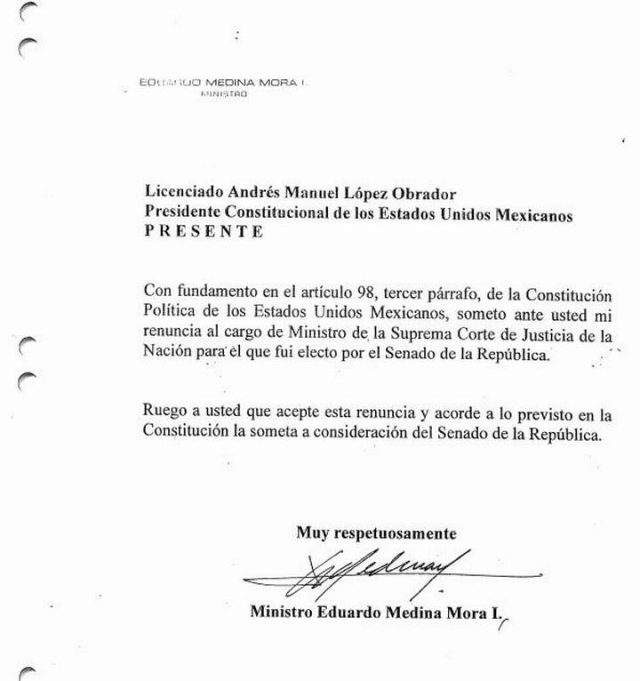 López Obrador revela carta de renuncia de Medina Mora a la SCJN