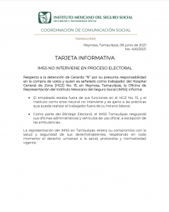 Se deslinda IMSS de compra de votos en Reynosa; trabajador líder de red,  no estaba en funciones.