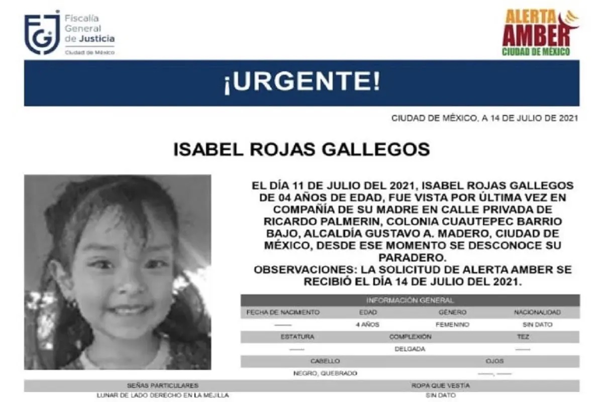 La pequeña Isabel Rojas fue reportada como desaparecida el 11 de julio y hallada muerta el 17 del mismo mes, su madre y padrastro son sospechosos.